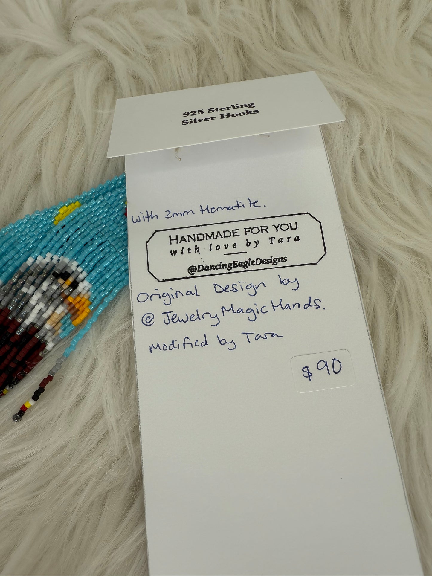 Beaded Earrings Bald Eagle with Medicine Wheel with 2mm Hematite