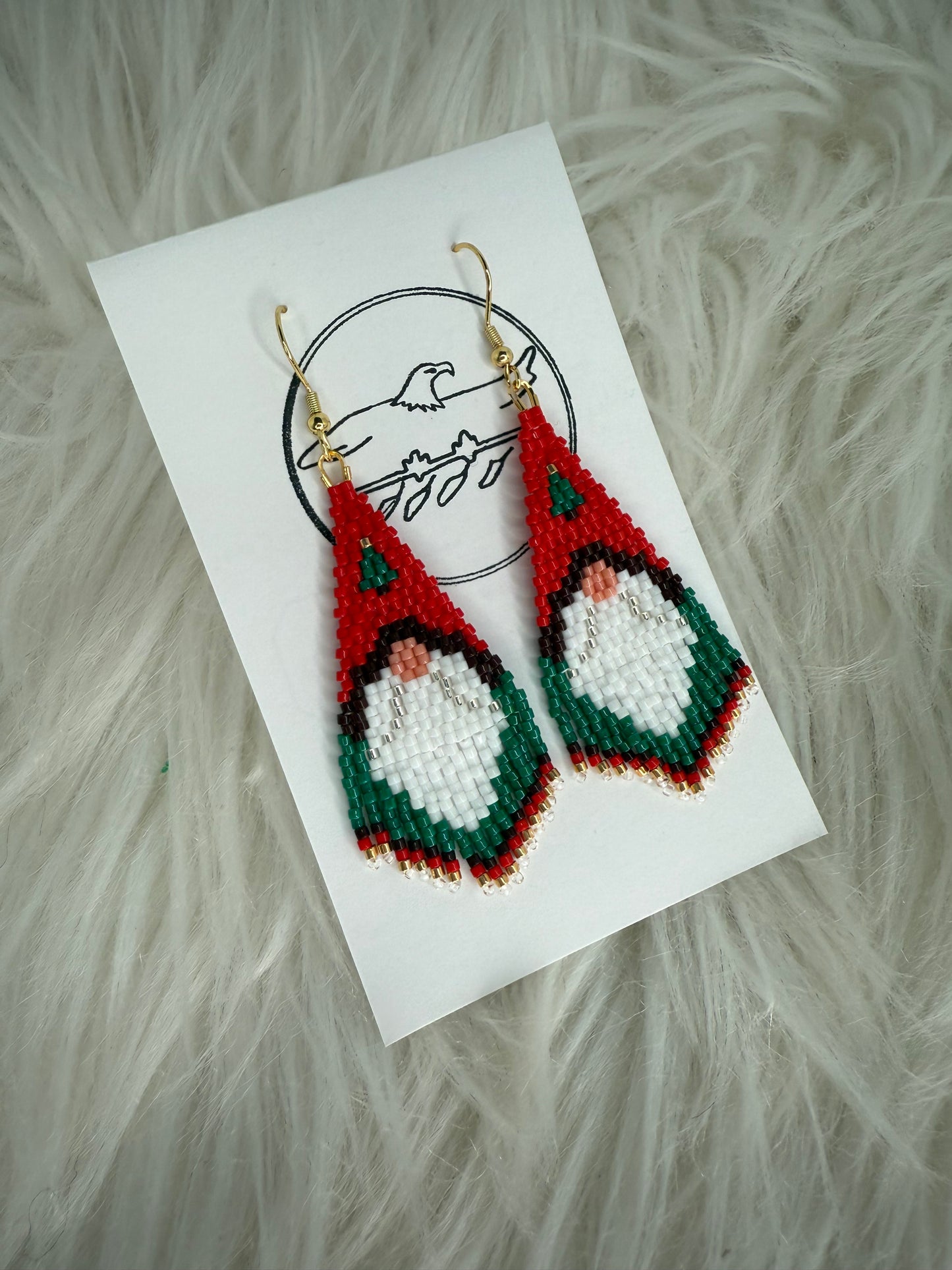 Gnome tree earrings with gold, red and green