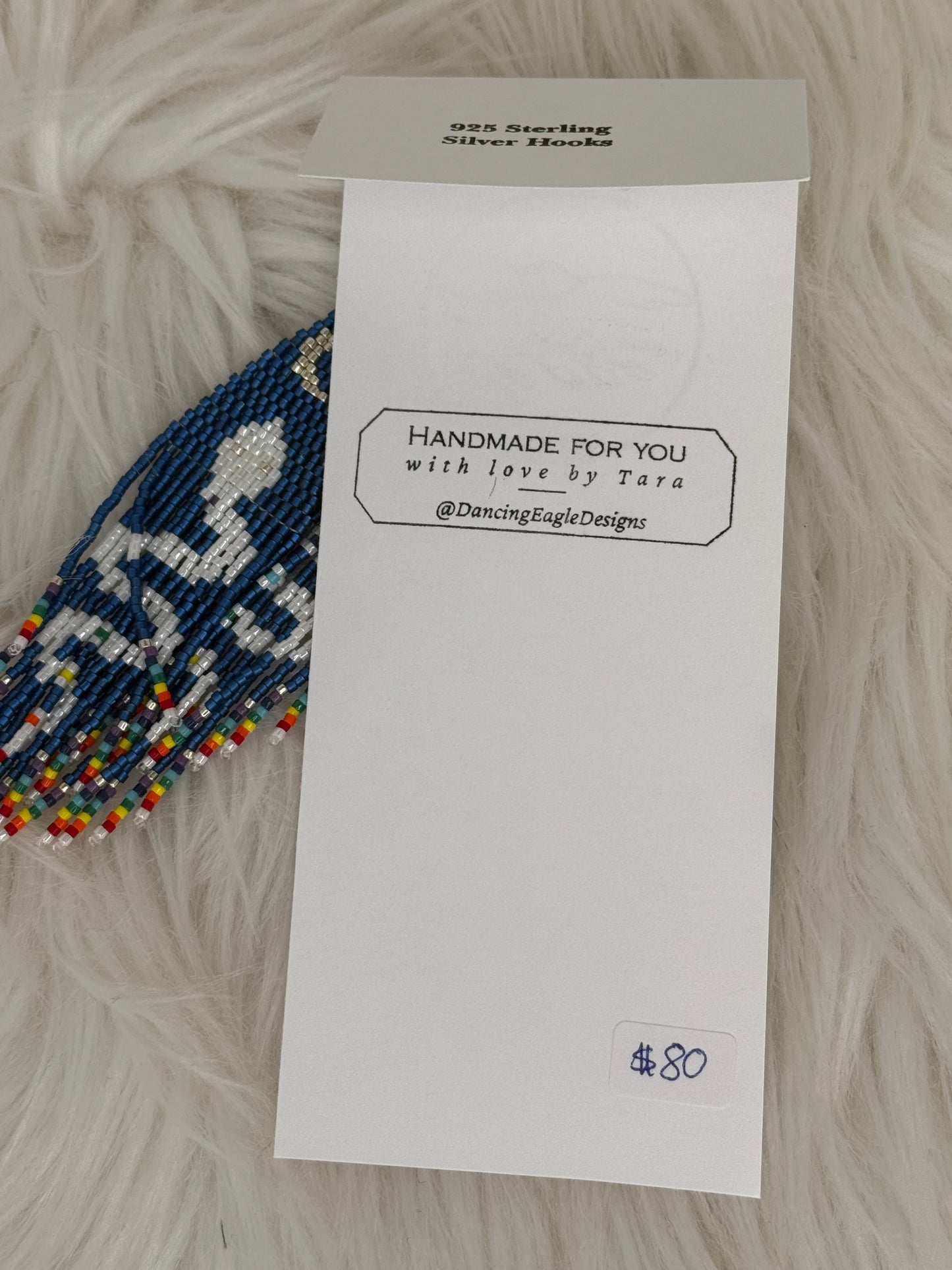 Beaded blue fringe earrings 2 with white snake silver eyes with rainbow and crescent waxing moon
