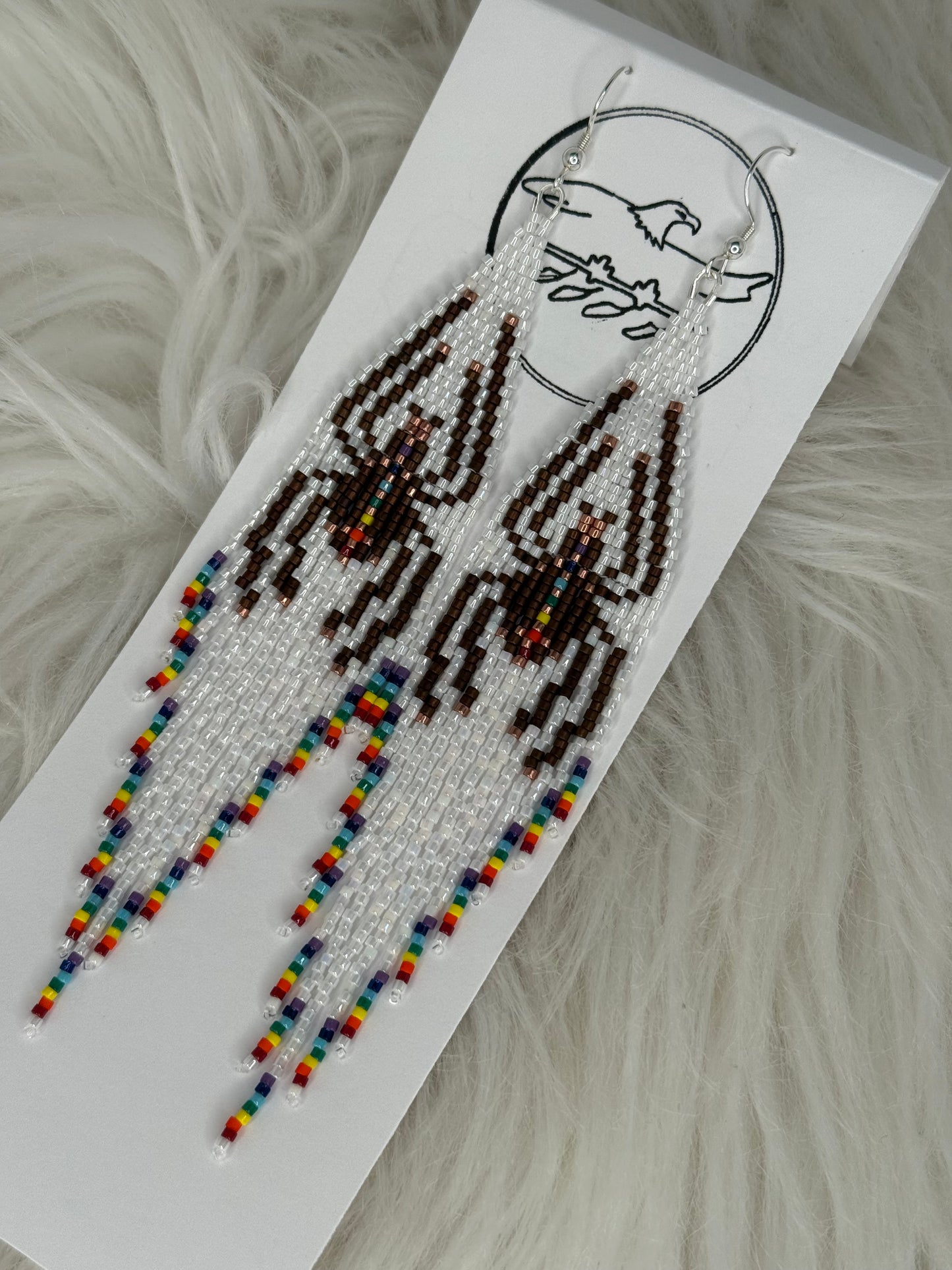 Longer Beaded white fringe earrings with brown spider and rainbow tips