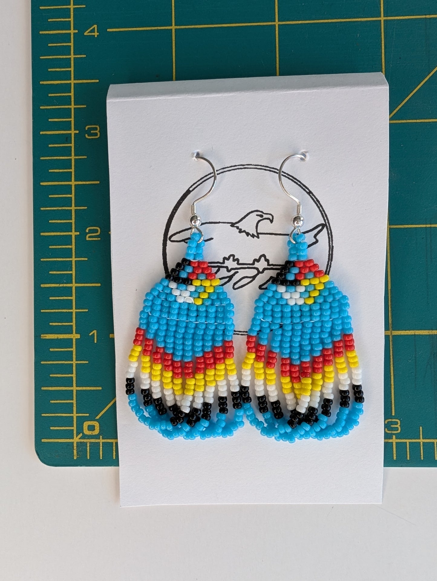 009 Beaded medicine wheel earrings w/sky blue and looped fringe Sterling Silver Hooks
