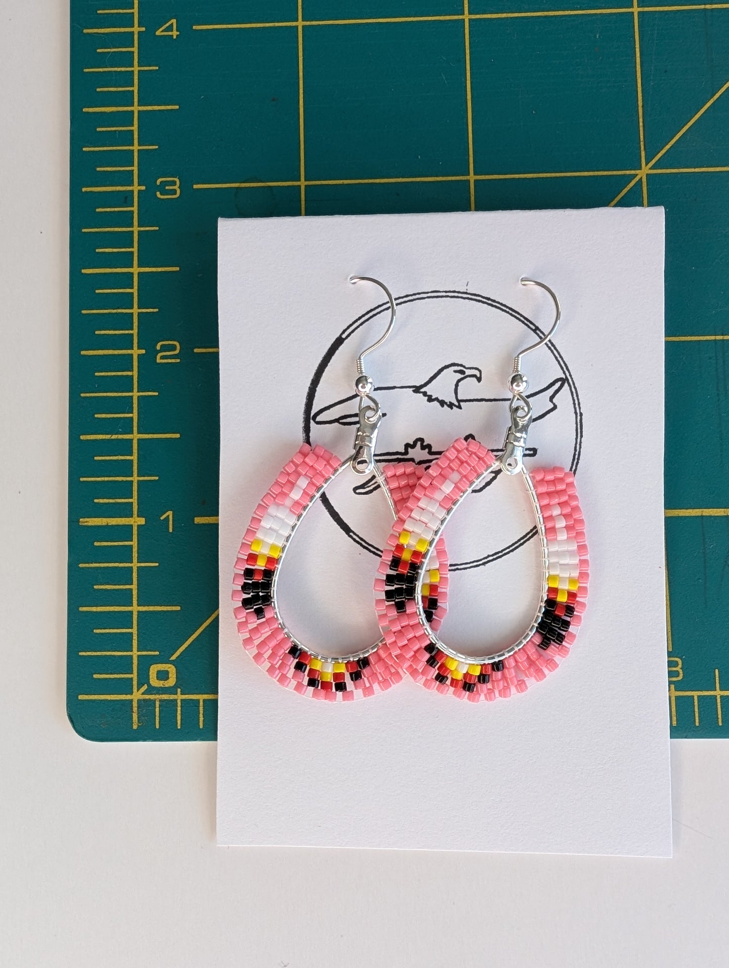 008 Beaded teardrop hoop earrings pink w/medicine wheel feather Sterling Silver Hooks