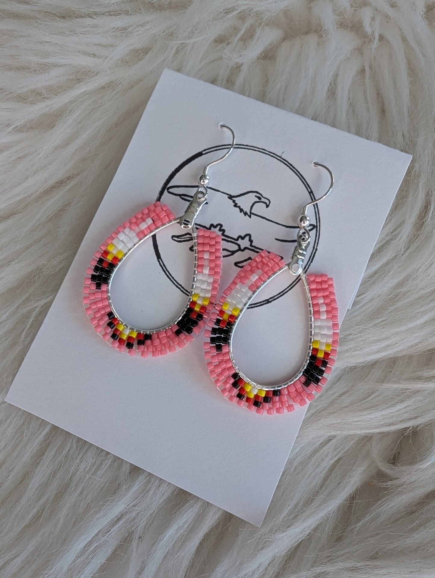 008 Beaded teardrop hoop earrings pink w/medicine wheel feather Sterling Silver Hooks