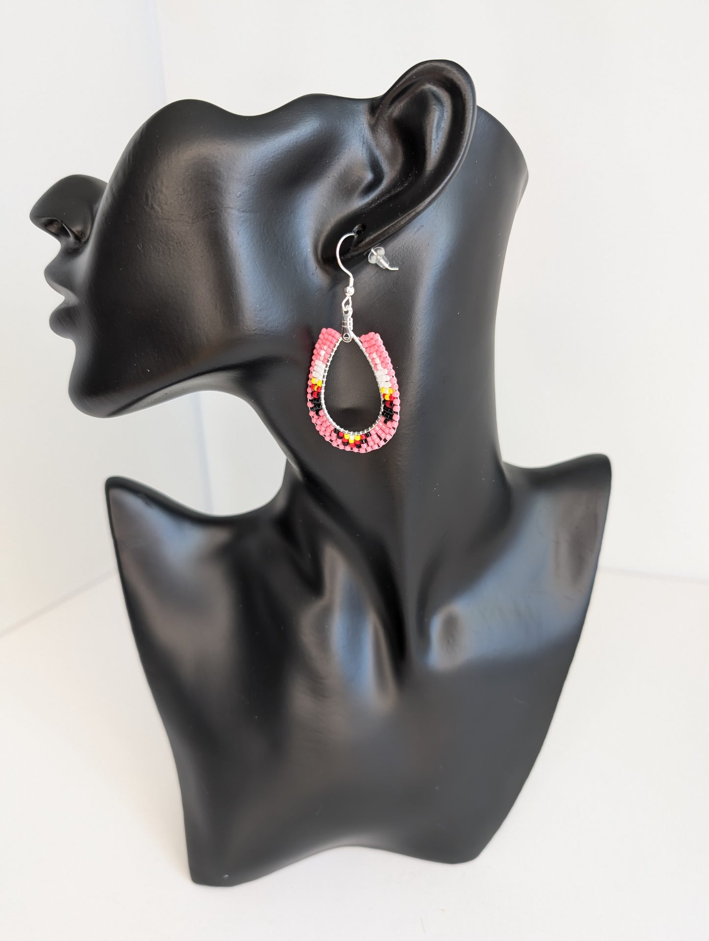 008 Beaded teardrop hoop earrings pink w/medicine wheel feather Sterling Silver Hooks