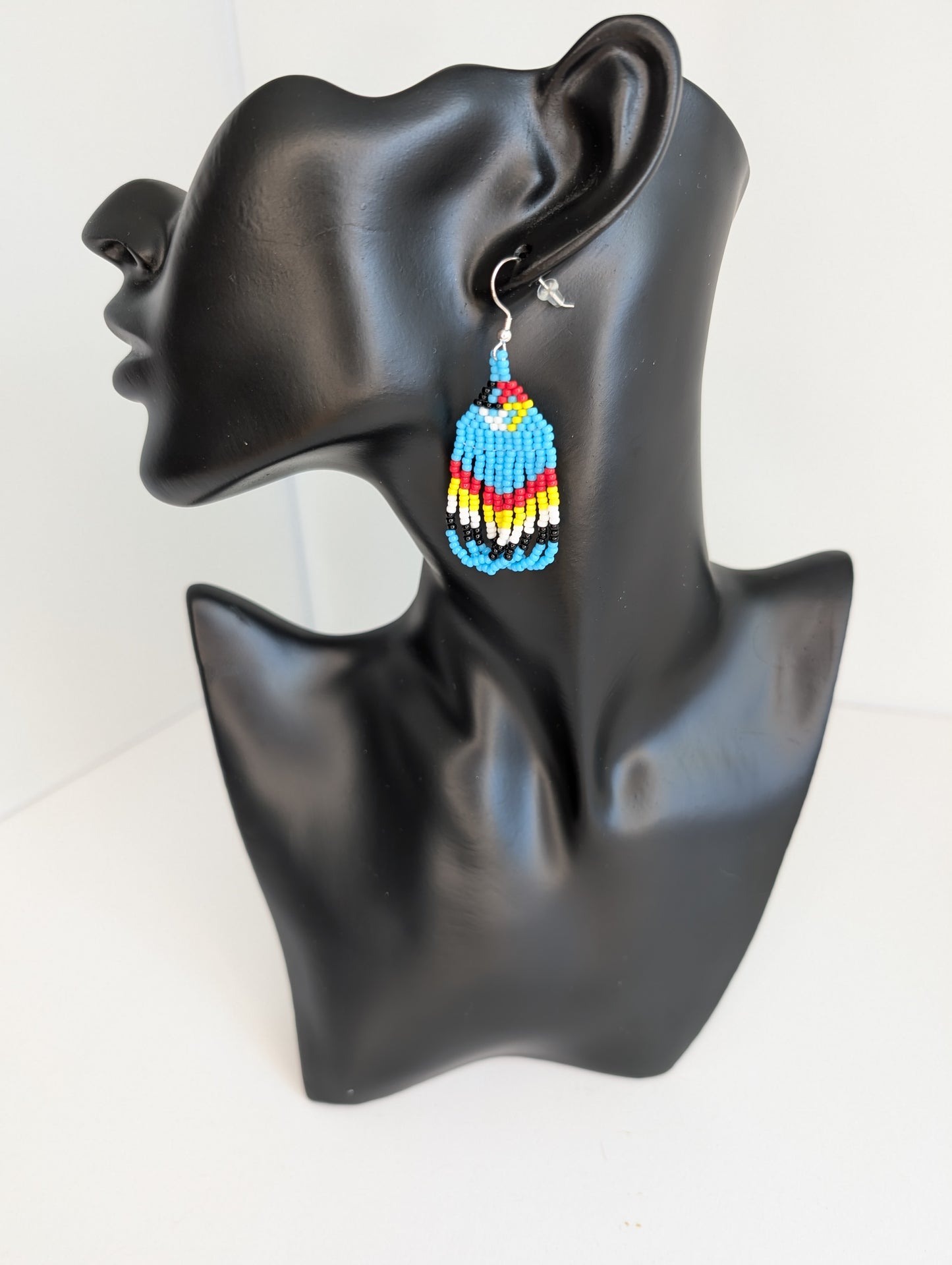 009 Beaded medicine wheel earrings w/sky blue and looped fringe Sterling Silver Hooks