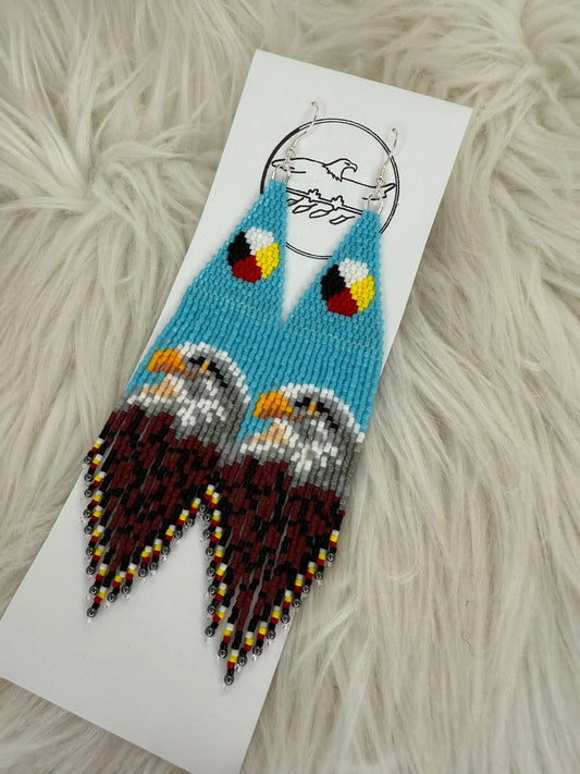Beaded Earrings Bald Eagle with Medicine Wheel with 2mm Hematite