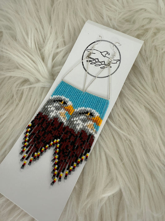 Beaded Earrings Bald Eagle Fringe on silver triangle hoop with 2mm hematite