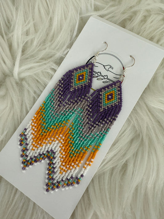 Beaded fringe earrings in purple, orange and turquoise