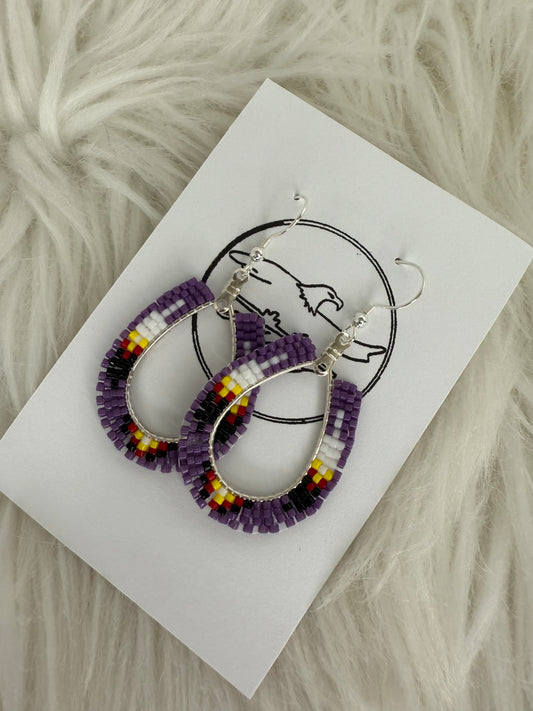 Beaded Feather with purple on silver teardrop hoop