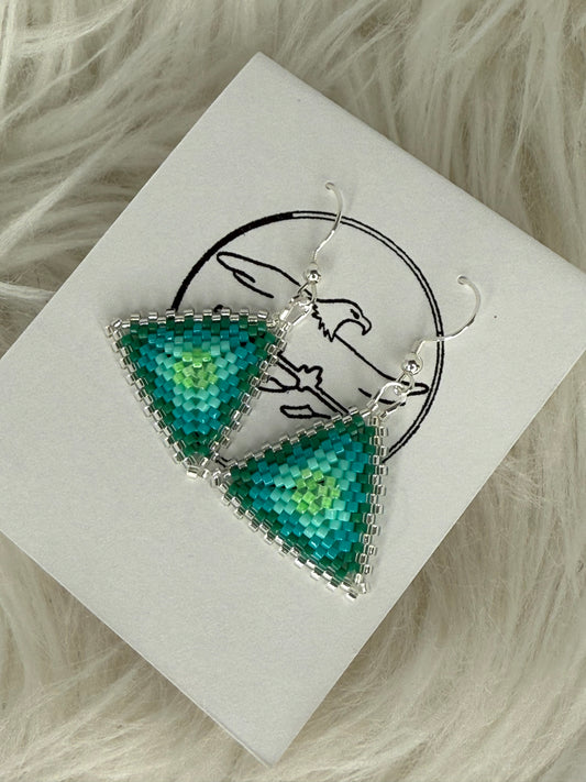 Small beaded triangle earrings in shades of green with silver trim