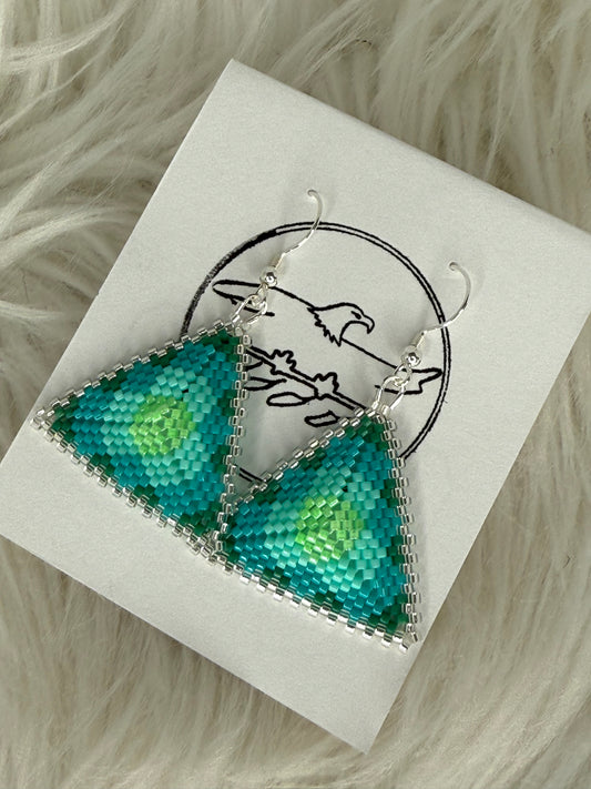Beaded triangle earrings in shades of green with silver trim