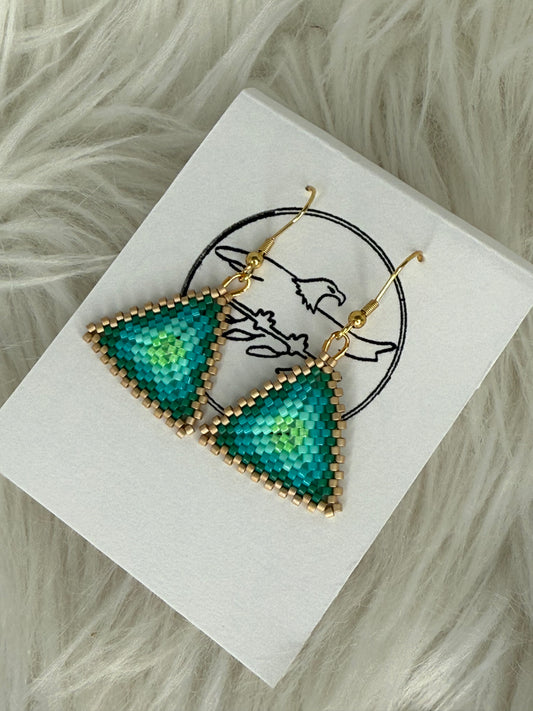 Small beaded triangle earrings in shades of green with matte gold trim