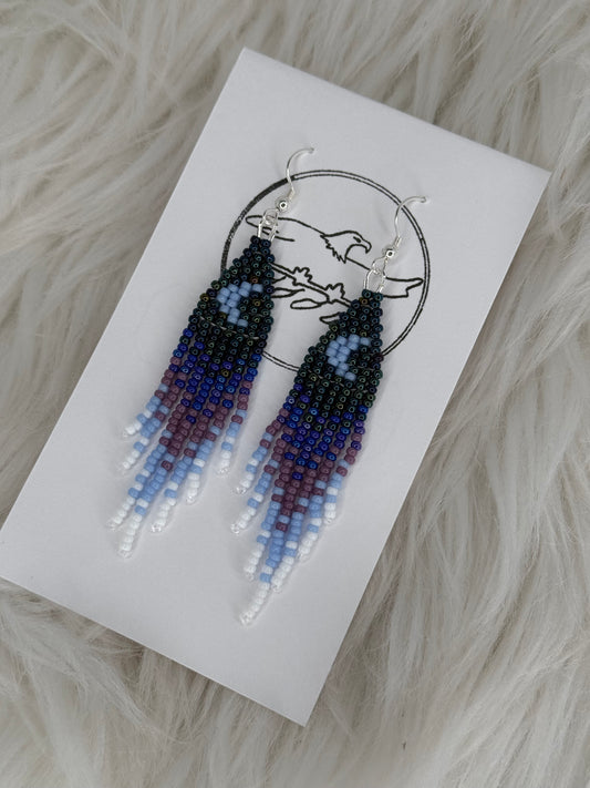 Blue crescent moon w/blues small beaded fringe earrings