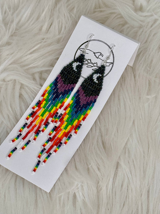 5.5" Crescent moon rainbow chakra fringe earrings