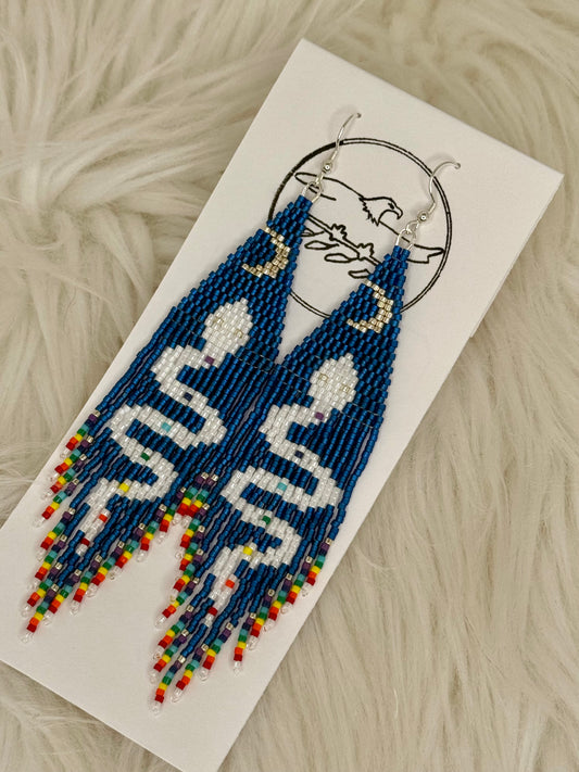 Beaded blue fringe earrings 2 with white snake silver eyes with rainbow and crescent waxing moon