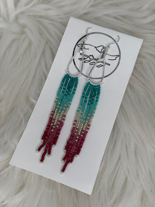 Beaded fringe on small silver teardrop hoop earrings with turquoise and pinks