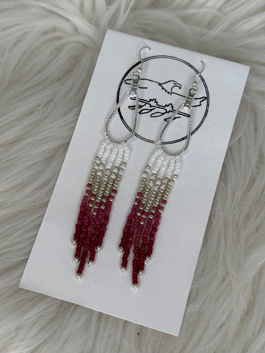 Beaded fringe on small silver teardrop hoop earrings with gold and pinks
