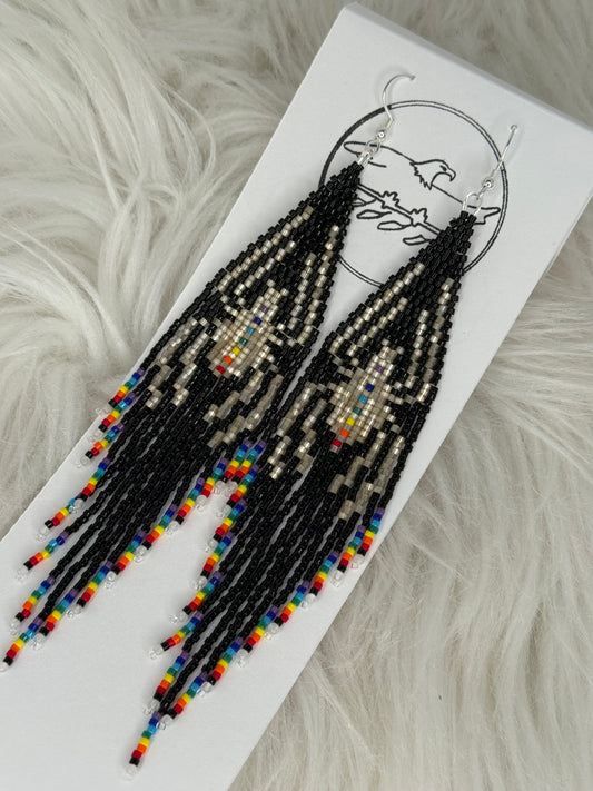 Longer Beaded black fringe earrings with smoky quartz spider and rainbow tips with 2mm moonstone