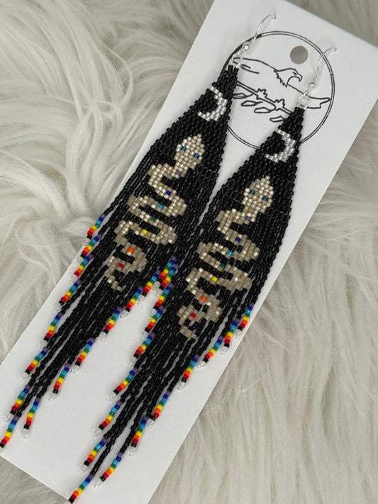 Long geaded black fringe earrings with smoky quartz and rainbow snake with blue eyes and crescent waxing moon 2mm moonstone