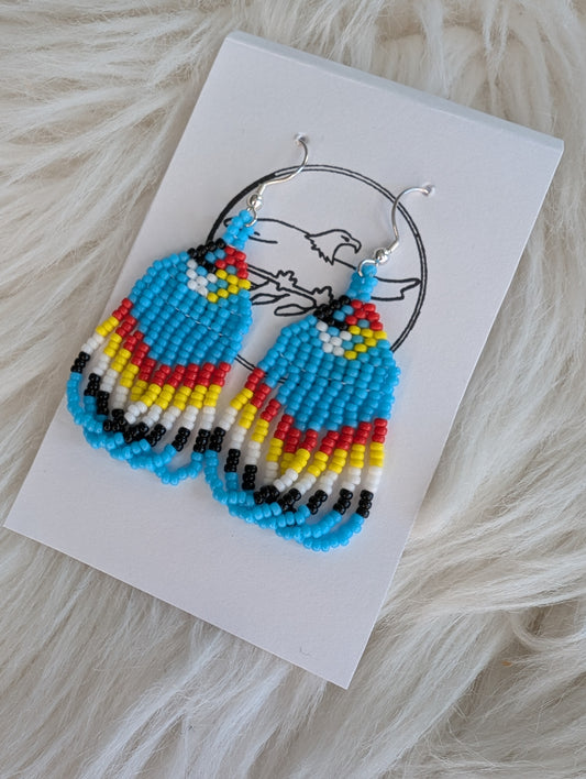 009 Beaded medicine wheel earrings w/sky blue and looped fringe Sterling Silver Hooks